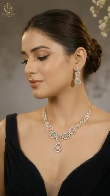 Model wearing a pastel stone AD necklace set